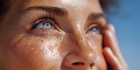 Close-up of young woman with freckles and blue eyes looking up at sky, face illuminated by sunlight, conveying hope and aspiration.