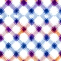 Abstract geometric seamless pattern with overlapping transparent diamonds in purple, blue and orange hues on white background, creating modern plaid effect.
