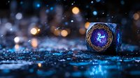 Mystical glowing cube with celtic pattern on dark background with bokeh lights and water drops, creating magical atmosphere for fantasy designs.