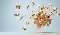 Flying popcorn kernels scattered in mid-air against light background, dynamic food levitation with motion blur and floating particles creating dramatic effect.