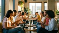 Diverse group of young adults enjoying casual meeting in bright modern cafe with large windows and natural lighting during daytime social gathering.