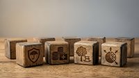 Wooden cubes with engraved symbols including shield, building, tree and arrow on rustic surface for business concepts and educational materials.
