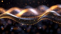 Glowing golden particles form elegant waves against dark background with sparkling bokeh lights and magical dust effect creating cosmic atmosphere.