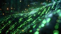 Glowing green digital wave with light particles flowing on dark background creates futuristic technology visualization effect for business and tech designs.