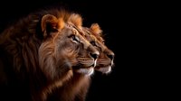Majestic male lions with golden manes in profile against dark background, dramatic lighting highlights facial features and flowing fur, wildlife portrait study.