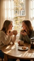Two women enjoying warm beverages and conversation at a wooden table by a sunlit window with autumn foliage visible outside, perfect for lifestyle and friendship themes.