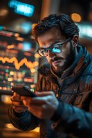 Bearded Caucasian man in glasses using smartphone at night, illuminated by neon city lights. Stock market data graphs reflect in eyewear. Modern urban lifestyle.