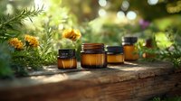 Amber glass cosmetic jars on rustic wooden surface surrounded by fresh marigold flowers and green plants in sunlit garden setting, natural skincare concept.