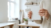 Woman in beige sweater holding blank white tablet in bright minimalist workspace with natural light and shelving in background.