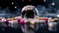 Dark skull with pills scattered around on reflective surface against black background with bokeh lights and smoke effects. Medical concept about drug abuse and mortality.