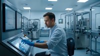 Caucasian male technician operating control panel in modern pharmaceutical manufacturing facility with sterile equipment and blue lighting.