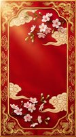 Traditional Chinese red background with golden dragons, cherry blossoms and ornate border frame for festive celebrations and cultural events.
