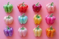 Colorful glittery bell peppers with sugar coating in various vibrant hues arranged on pink background, isolated for design use.