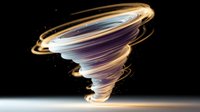 Dynamic golden tornado with glowing light trails and energy particles swirling in spiral motion against dark background for motion graphics and digital art.