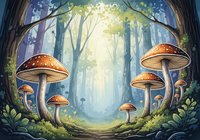 Enchanted forest pathway with oversized golden mushrooms framing misty woodland scene, ideal for fantasy game backgrounds, book illustrations, and magical nature artwork.