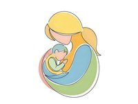 Young blonde mother tenderly holding newborn baby in arms, continuous line art style with soft pastel colors for maternity and parenting designs.