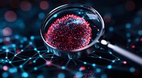 Magnifying glass examining red virus cell structure on digital network background with glowing blue nodes and connections, scientific research concept.