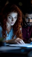 Young redhead woman and bearded man working late at night on laptop computer in dark office environment with screen glow illuminating their focused faces.
