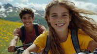 Young diverse couple cycling through alpine meadow with wildflowers, snow-capped mountains in background. Wind blows long hair as they smile during summer adventure.