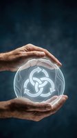 Male hands holding glowing orb with interconnected symbol against dark blue background, representing protection, innovation, technology, and business solutions for corporate and digital concepts.
