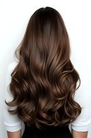 Back view of woman with long, wavy brunette hair showing glossy chocolate brown highlights against white background for beauty salon advertising.