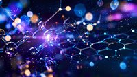 Abstract digital network with glowing nodes and connections in purple blue space representing technology data transfer and futuristic communication systems.