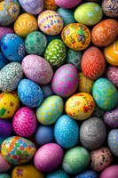 Colorful decorated Easter eggs with intricate floral and geometric patterns painted in vibrant spring colors creating festive holiday background arrangement.