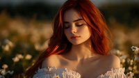 Young redhead woman with long flowing hair in white off-shoulder dress standing in golden sunlight among wildflowers during sunset hour for romantic portrait.
