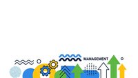 Business growth and management concept with colorful geometric shapes, gears, arrows and charts on white background for presentations and marketing materials.