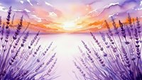Watercolor lavender field at sunset with purple flowers and golden sky creating peaceful countryside landscape for relaxation and wellness designs.