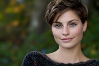 Young woman with short brown hair and fair complexion wearing a dark knit sweater, posed outdoors with blurred green foliage background for portrait and lifestyle use.