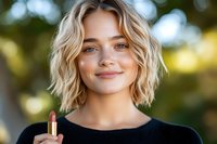 Young blonde woman with wavy bob haircut smiling while holding golden lipstick against blurred natural background. Beauty and cosmetics concept.