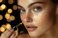 Young woman applying golden glitter makeup with brush against bokeh lights background for beauty and cosmetics concept.