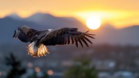 Majestic bald eagle soaring with outstretched wings against golden sunset sky over mountain landscape. Powerful raptor in flight showcasing detailed feathers and wingspan.