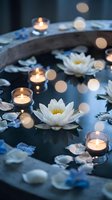 Serene spa scene with white lotus flowers floating in dark water surrounded by glowing candles and soft bokeh lights creating peaceful meditation atmosphere.