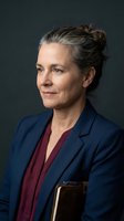 Confident mature businesswoman in navy blazer holding leather portfolio against dark background for corporate and professional presentations.