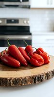 Fresh red peppers on wooden cutting board in modern kitchen interior for healthy cooking and meal preparation.