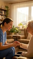 Young female nurse in blue scrubs holding hands with elderly woman patient in warm home care setting with natural sunlight and cozy living room background.