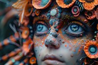 Close up portrait with bright blue eyes adorned with orange gerbera flowers, glitter, and decorative face paint in fantasy makeup style for creative beauty concepts.