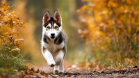 Siberian Husky puppy running through autumn forest path with fallen leaves, showcasing playful energy against vibrant orange foliage background.