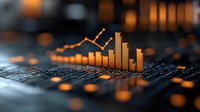 Glowing orange financial chart and bar graph visualization on dark digital surface with bokeh effect, showing market data analysis and trends.