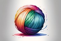 Colorful rainbow yarn ball with watercolor splash effect on gray background, featuring vibrant gradient transitions from red to purple, green and blue tones.
