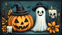 Spooky Halloween composition with carved pumpkin in witch hat, friendly ghost, skull candle and autumn flowers on dark blue background. Seasonal decor.
