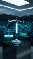 Digital justice scales with glowing blue light effects and network connections representing legal technology and cyber law enforcement in modern courtroom.