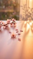 Cherry blossom petals scattered on soft pink surface with warm golden sunlight creating dreamy spring atmosphere for wellness and beauty concepts.