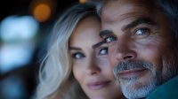 Mature Caucasian couple sharing intimate moment with soft bokeh lighting. Close up portrait of middle-aged man with gray beard and blonde woman showing genuine emotions.