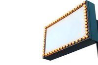 Vintage theater marquee sign with gold light bulbs framing blank white display space for custom text or advertising.