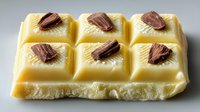 White chocolate bar with chocolate shavings on top, broken to show creamy interior texture against gray background.