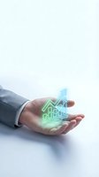 Businessman in suit holding glowing holographic bar chart with rising arrow, symbolizing financial growth, analytics, and business success.