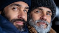 Middle Eastern and Caucasian men with beards wearing winter hats smile warmly at camera, close-up portrait showing genuine friendship and diversity in cold weather.